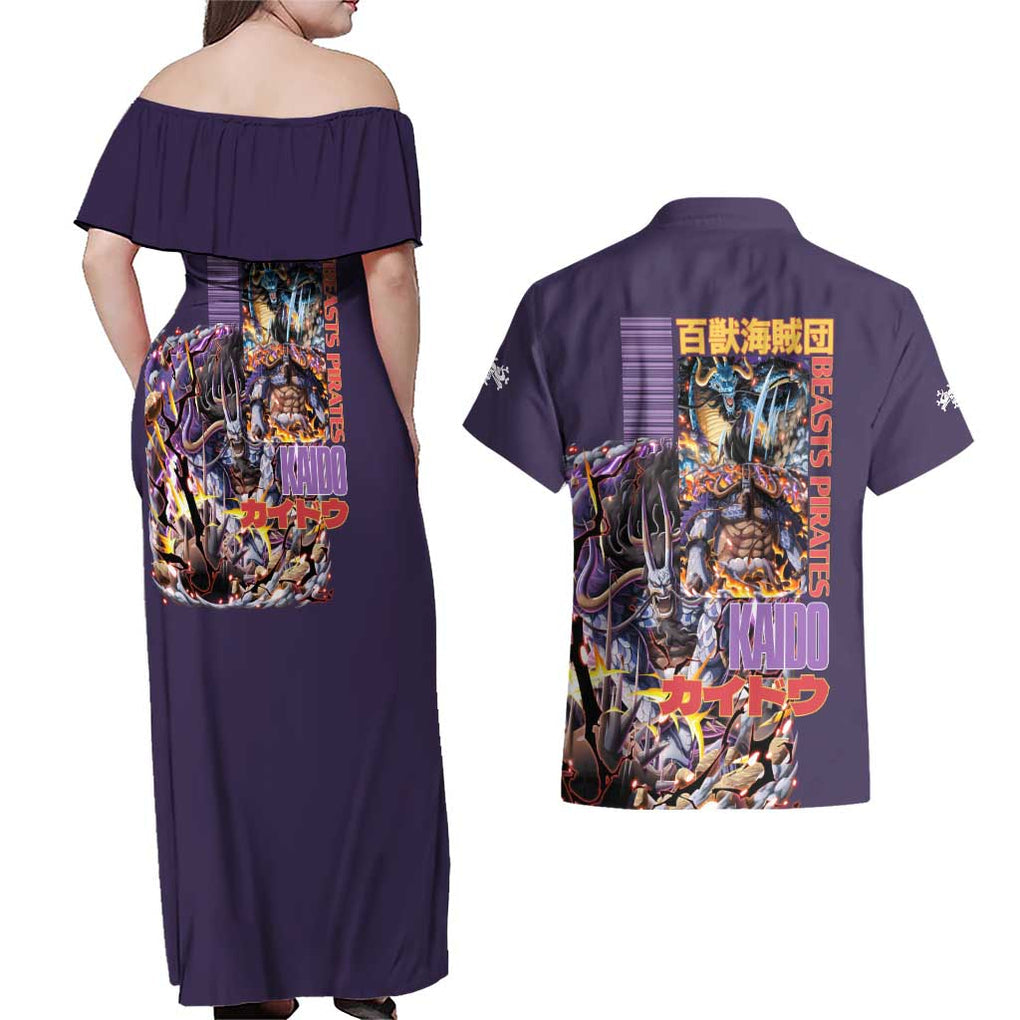 Kaido V2 One Piece Couples Matching Off Shoulder Maxi Dress and Hawaiian Shirt Anime Style