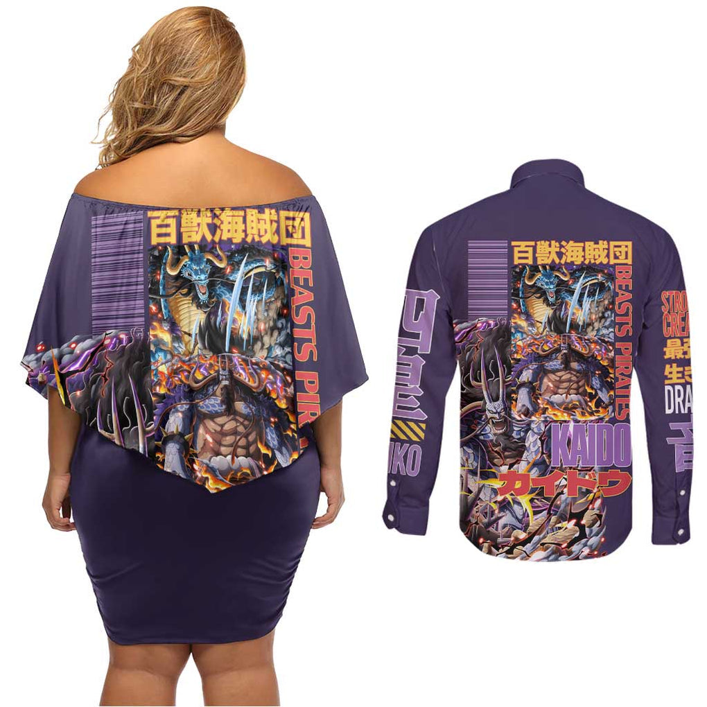 Kaido V2 One Piece Couples Matching Off Shoulder Short Dress and Long Sleeve Button Shirt Anime Style