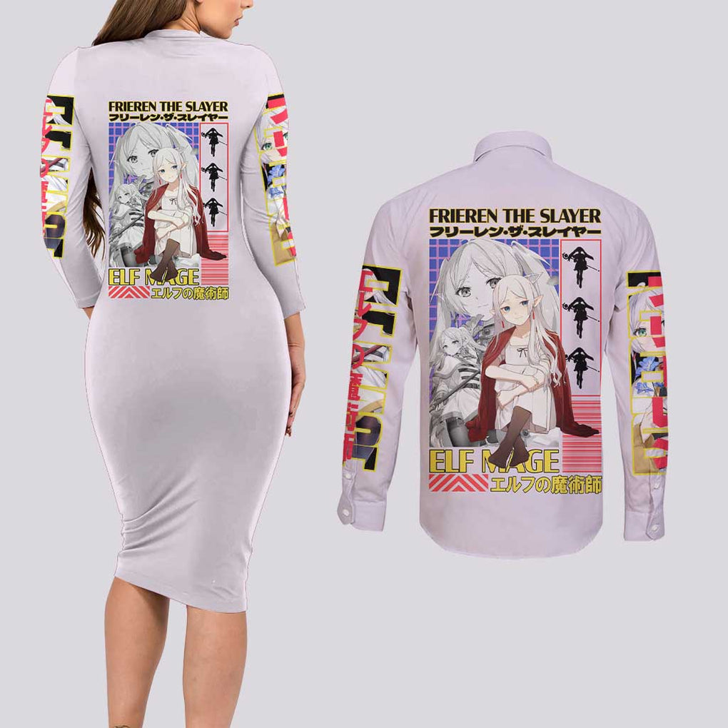 Frieren -  Frieren Beyond Journey’s End Couples Matching Long Sleeve Bodycon Dress and Long Sleeve Button Shirt Anime Art Style