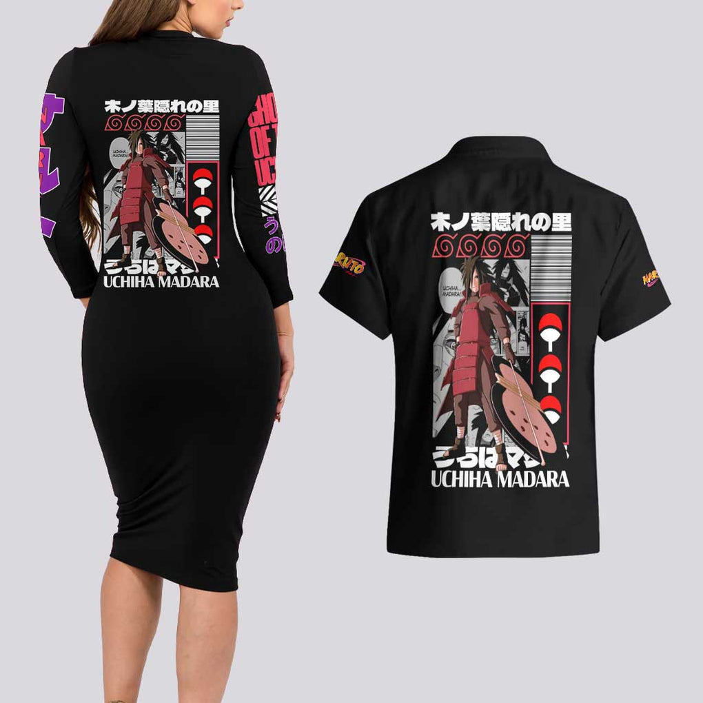 Uchiha Madara Naruto Couples Matching Long Sleeve Bodycon Dress and Hawaiian Shirt Anime Style