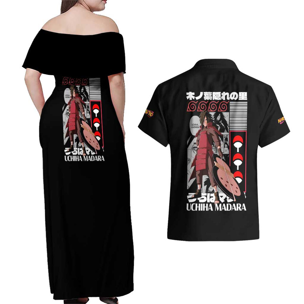 Uchiha Madara Naruto Couples Matching Off Shoulder Maxi Dress and Hawaiian Shirt Anime Style