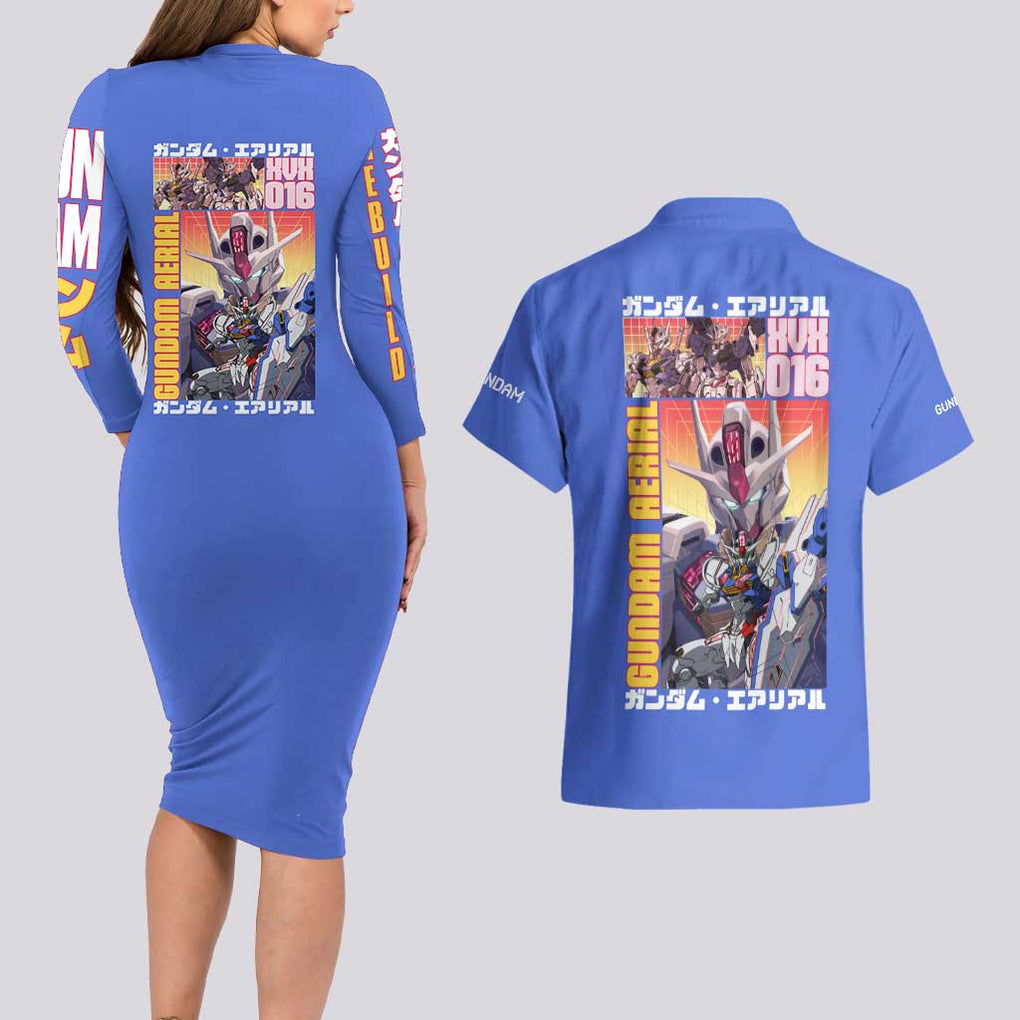 Aerial Gundam Witch from Mercury Couples Matching Long Sleeve Bodycon Dress and Hawaiian Shirt Anime Style
