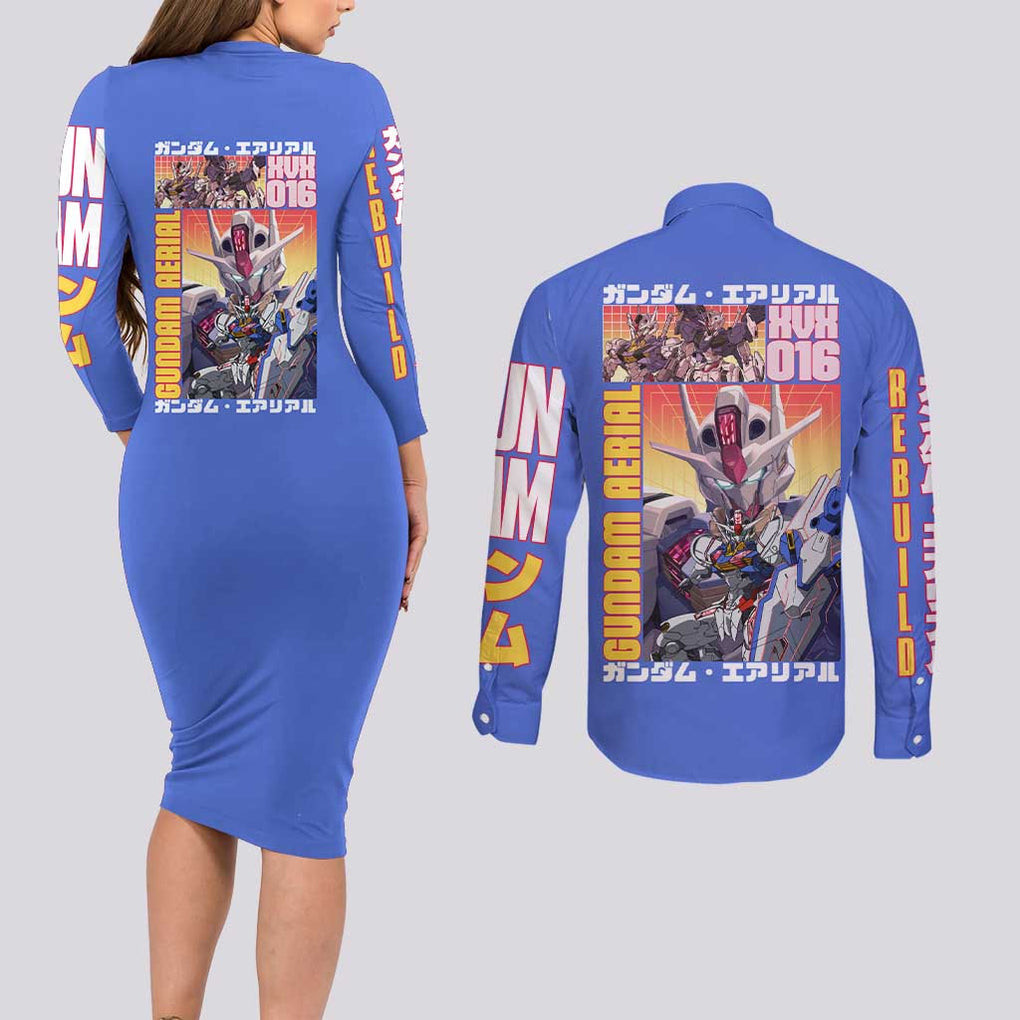 Aerial Gundam Witch from Mercury Couples Matching Long Sleeve Bodycon Dress and Long Sleeve Button Shirt Anime Style