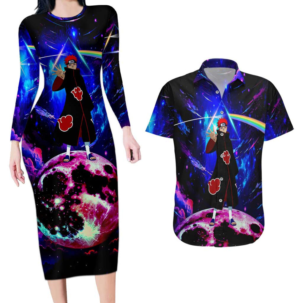 Naruto Akatsuki Astral Led Pain Couples Matching Long Sleeve Bodycon Dress and Hawaiian Shirt Trippy Style