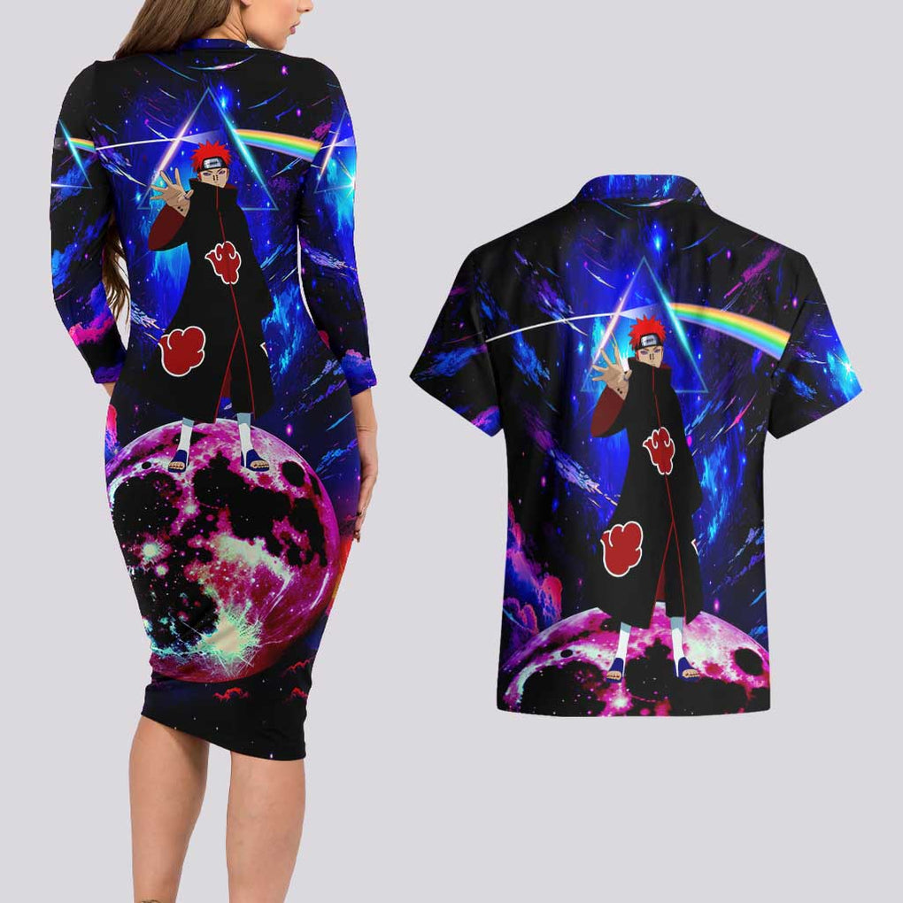 Naruto Akatsuki Astral Led Pain Couples Matching Long Sleeve Bodycon Dress and Hawaiian Shirt Trippy Style