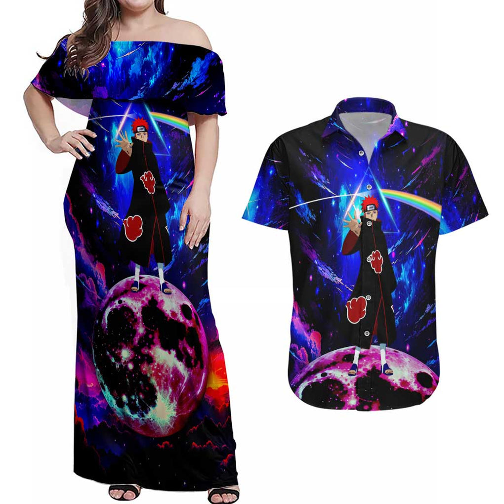 Naruto Akatsuki Astral Led Pain Couples Matching Off Shoulder Maxi Dress and Hawaiian Shirt Trippy Style