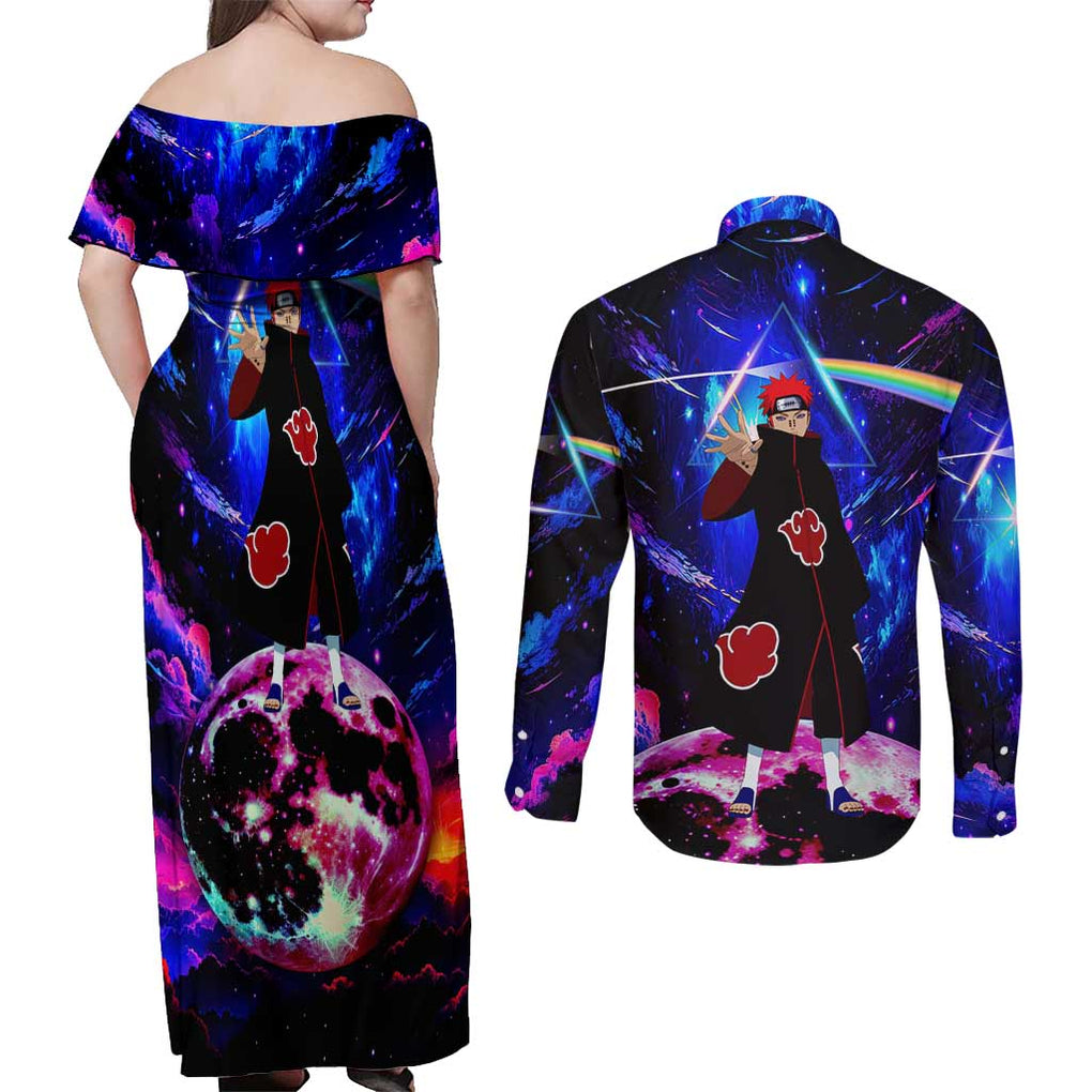 Naruto Akatsuki Astral Led Pain Couples Matching Off Shoulder Maxi Dress and Long Sleeve Button Shirt Trippy Style