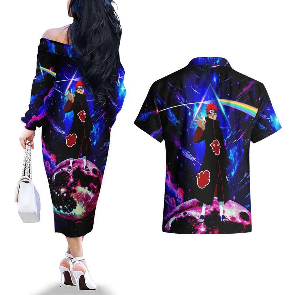 Naruto Akatsuki Astral Led Pain Couples Matching Off The Shoulder Long Sleeve Dress and Hawaiian Shirt Trippy Style
