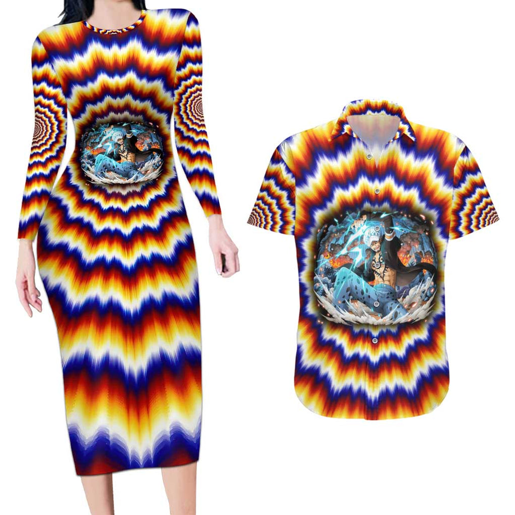 One Piece Fractal Explosion Trafalgar Law Couples Matching Long Sleeve Bodycon Dress and Hawaiian Shirt Fractal Explosion Style