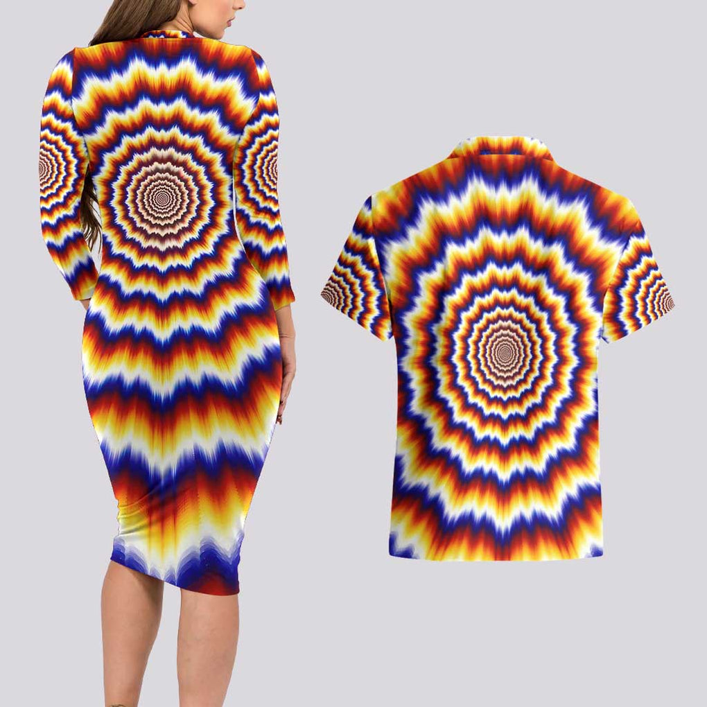 One Piece Fractal Explosion Trafalgar Law Couples Matching Long Sleeve Bodycon Dress and Hawaiian Shirt Fractal Explosion Style