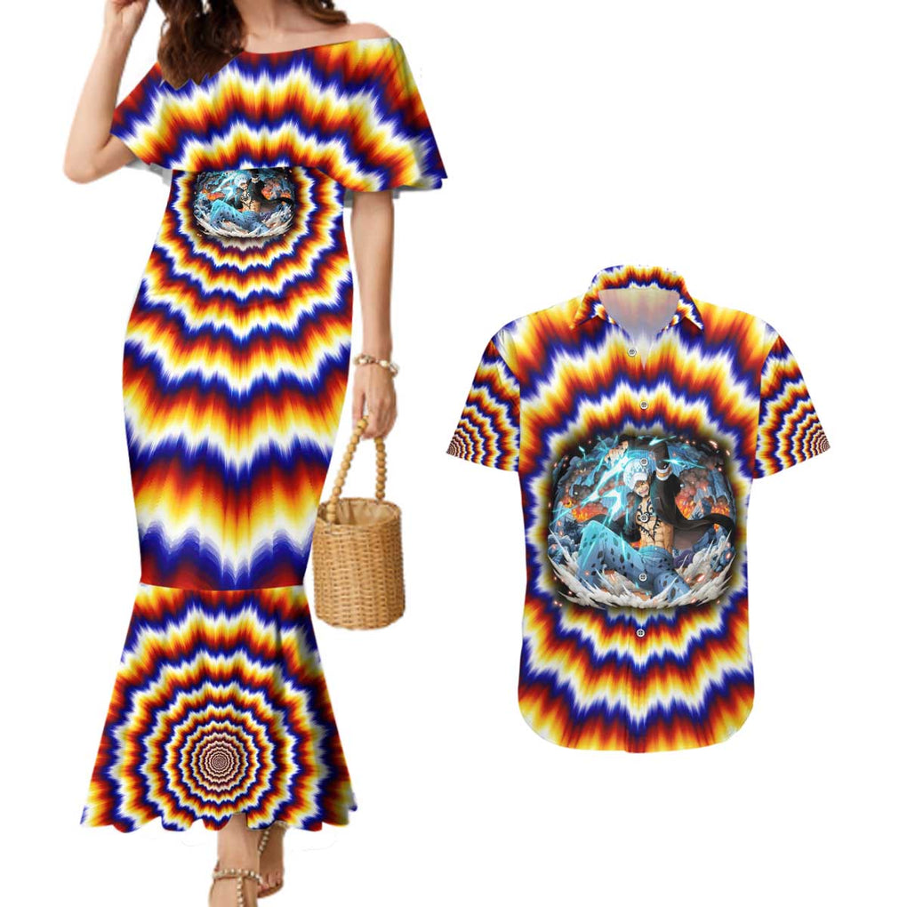 One Piece Fractal Explosion Trafalgar Law Couples Matching Mermaid Dress and Hawaiian Shirt Fractal Explosion Style