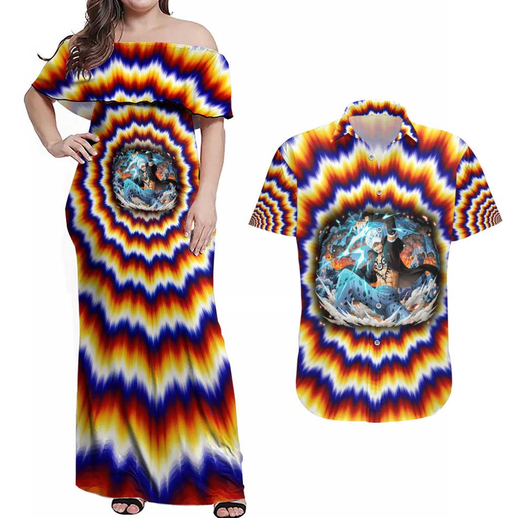 One Piece Fractal Explosion Trafalgar Law Couples Matching Off Shoulder Maxi Dress and Hawaiian Shirt Fractal Explosion Style