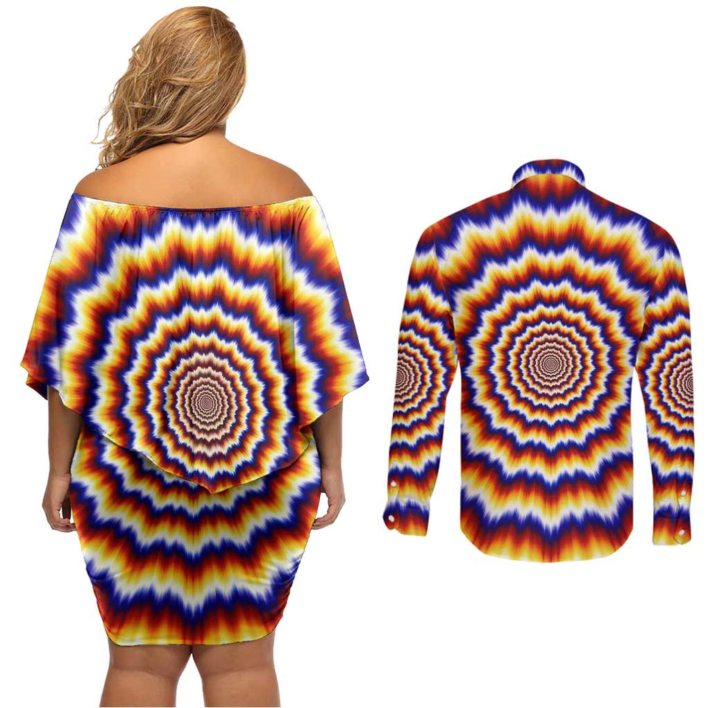 One Piece Fractal Explosion Trafalgar Law Couples Matching Off Shoulder Short Dress and Long Sleeve Button Shirt Fractal Explosion Style