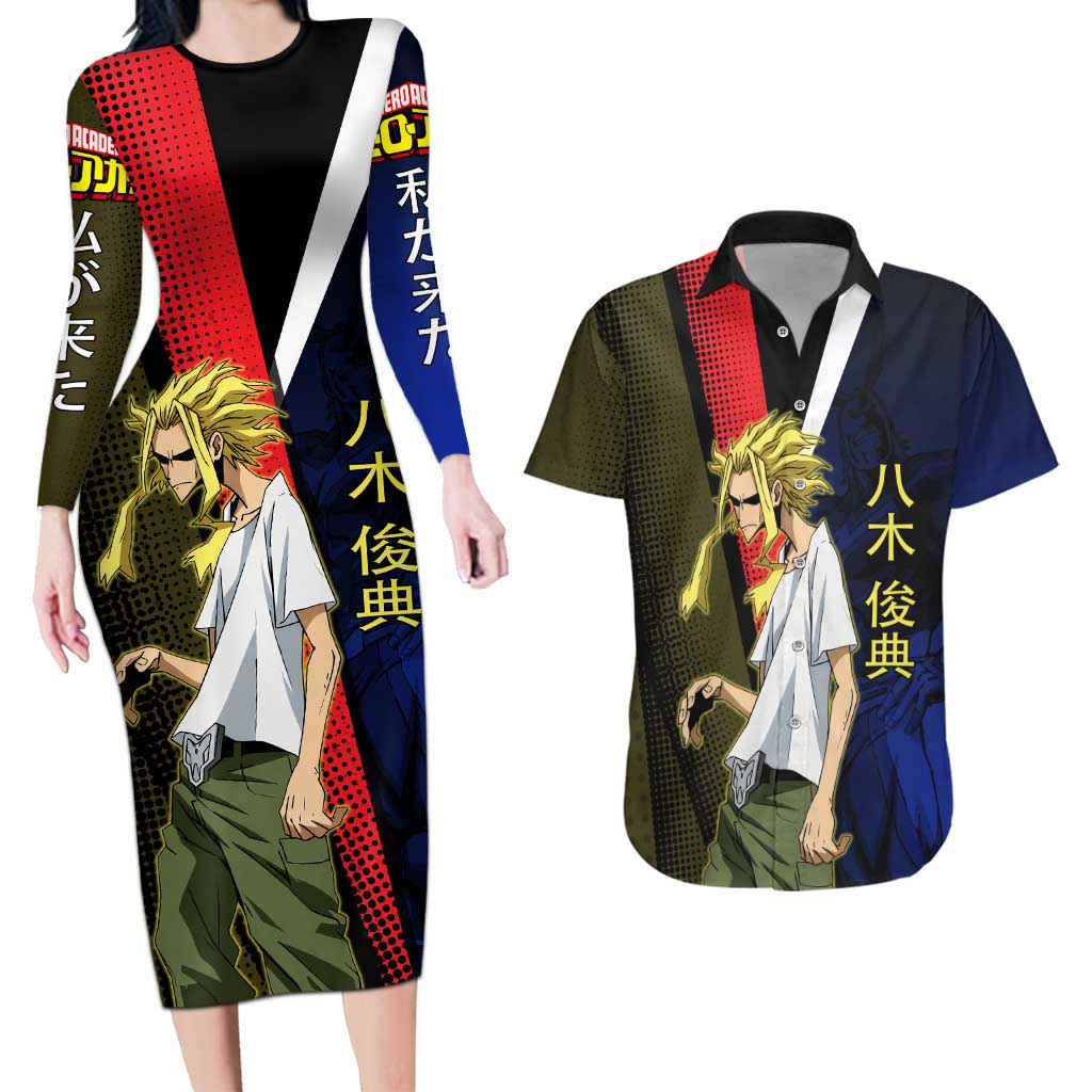 All Might Dual Form Couples Matching Long Sleeve Bodycon Dress and Hawaiian Shirt Japanese Comic Book Style
