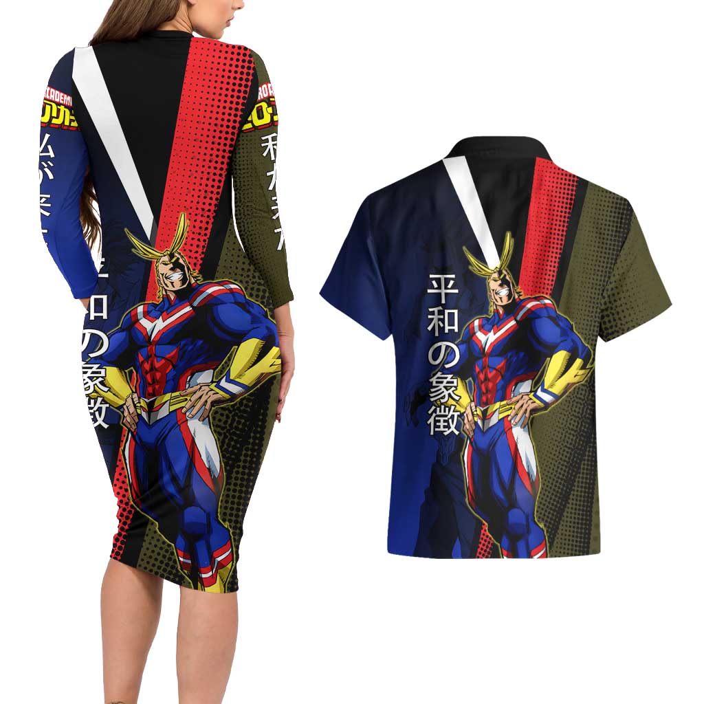 All Might Dual Form Couples Matching Long Sleeve Bodycon Dress and Hawaiian Shirt Japanese Comic Book Style