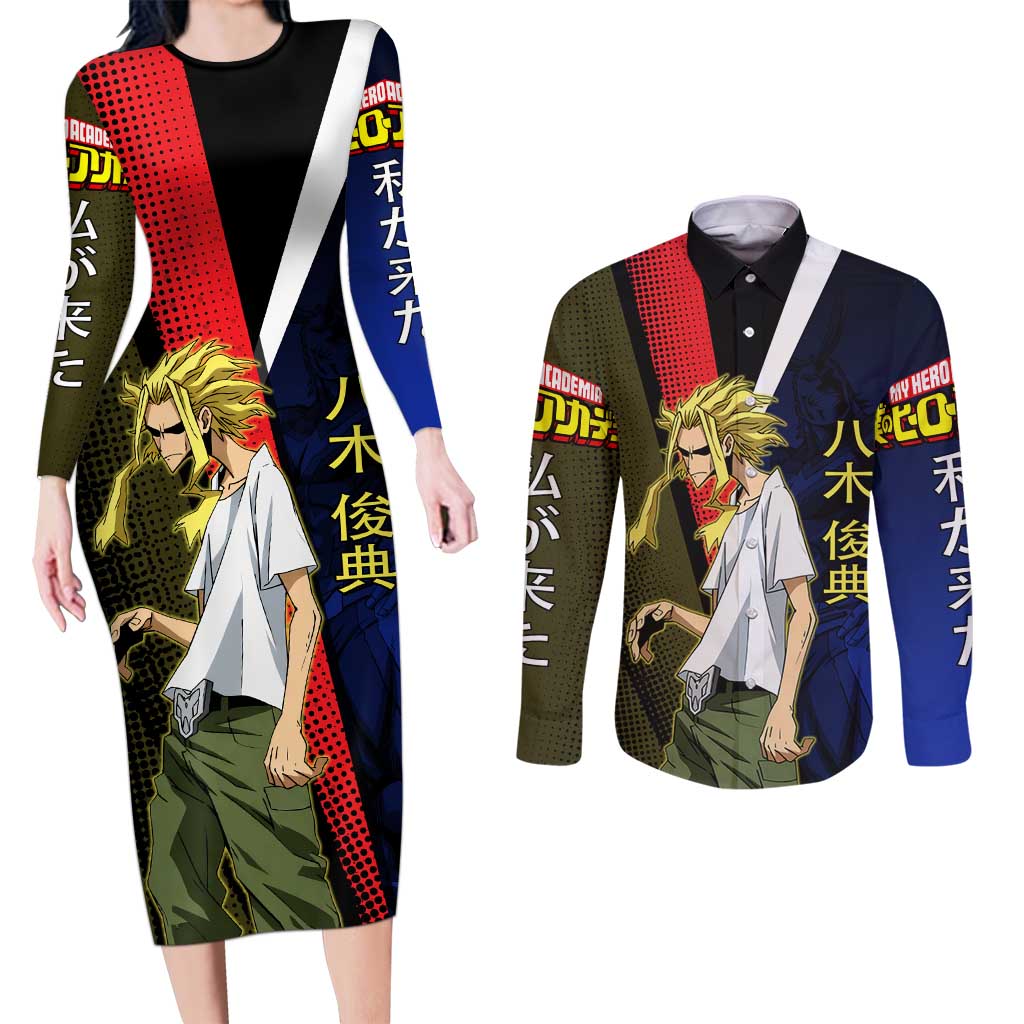 All Might Dual Form Couples Matching Long Sleeve Bodycon Dress and Long Sleeve Button Shirt Japanese Comic Book Style