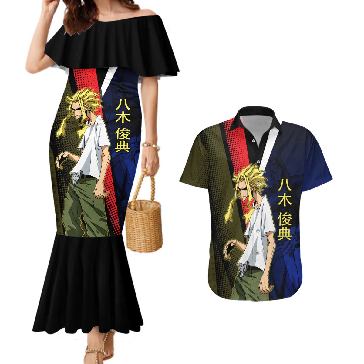 All Might Dual Form Couples Matching Mermaid Dress and Hawaiian Shirt Japanese Comic Book Style