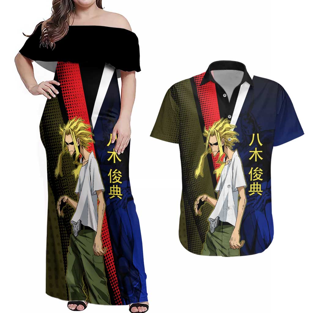 All Might Dual Form Couples Matching Off Shoulder Maxi Dress and Hawaiian Shirt Japanese Comic Book Style