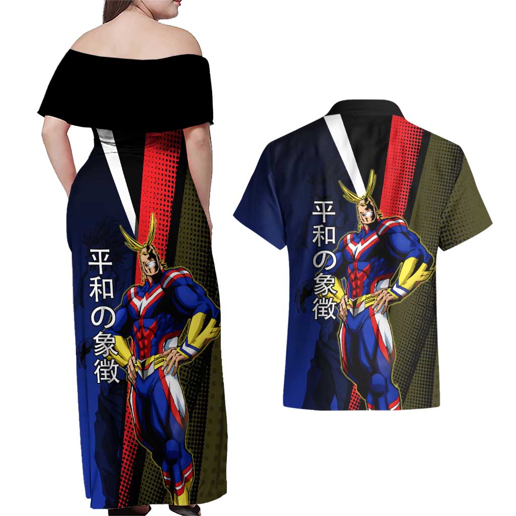 All Might Dual Form Couples Matching Off Shoulder Maxi Dress and Hawaiian Shirt Japanese Comic Book Style