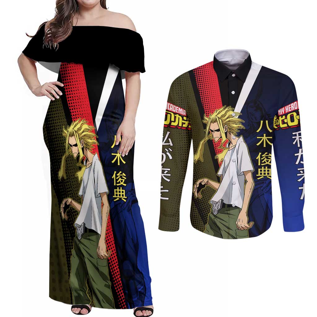 All Might Dual Form Couples Matching Off Shoulder Maxi Dress and Long Sleeve Button Shirt Japanese Comic Book Style