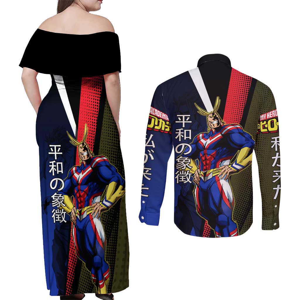 All Might Dual Form Couples Matching Off Shoulder Maxi Dress and Long Sleeve Button Shirt Japanese Comic Book Style
