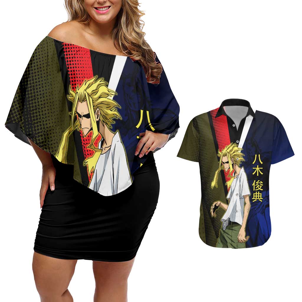 All Might Dual Form Couples Matching Off Shoulder Short Dress and Hawaiian Shirt Japanese Comic Book Style