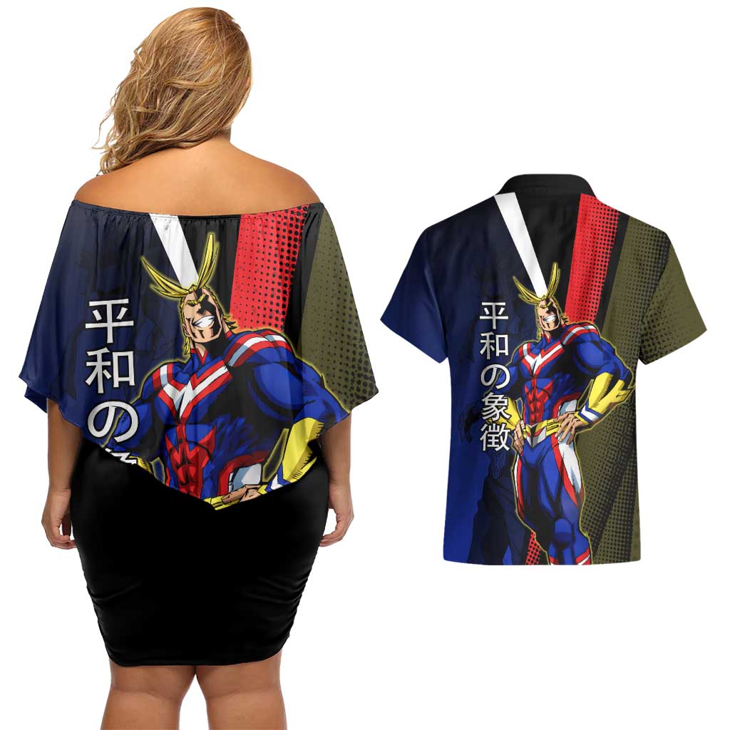 All Might Dual Form Couples Matching Off Shoulder Short Dress and Hawaiian Shirt Japanese Comic Book Style