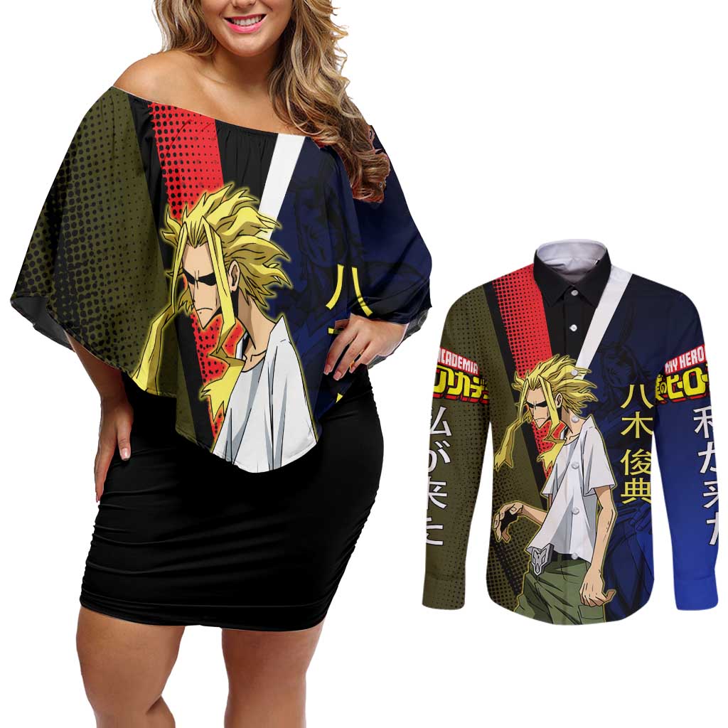 All Might Dual Form Couples Matching Off Shoulder Short Dress and Long Sleeve Button Shirt Japanese Comic Book Style