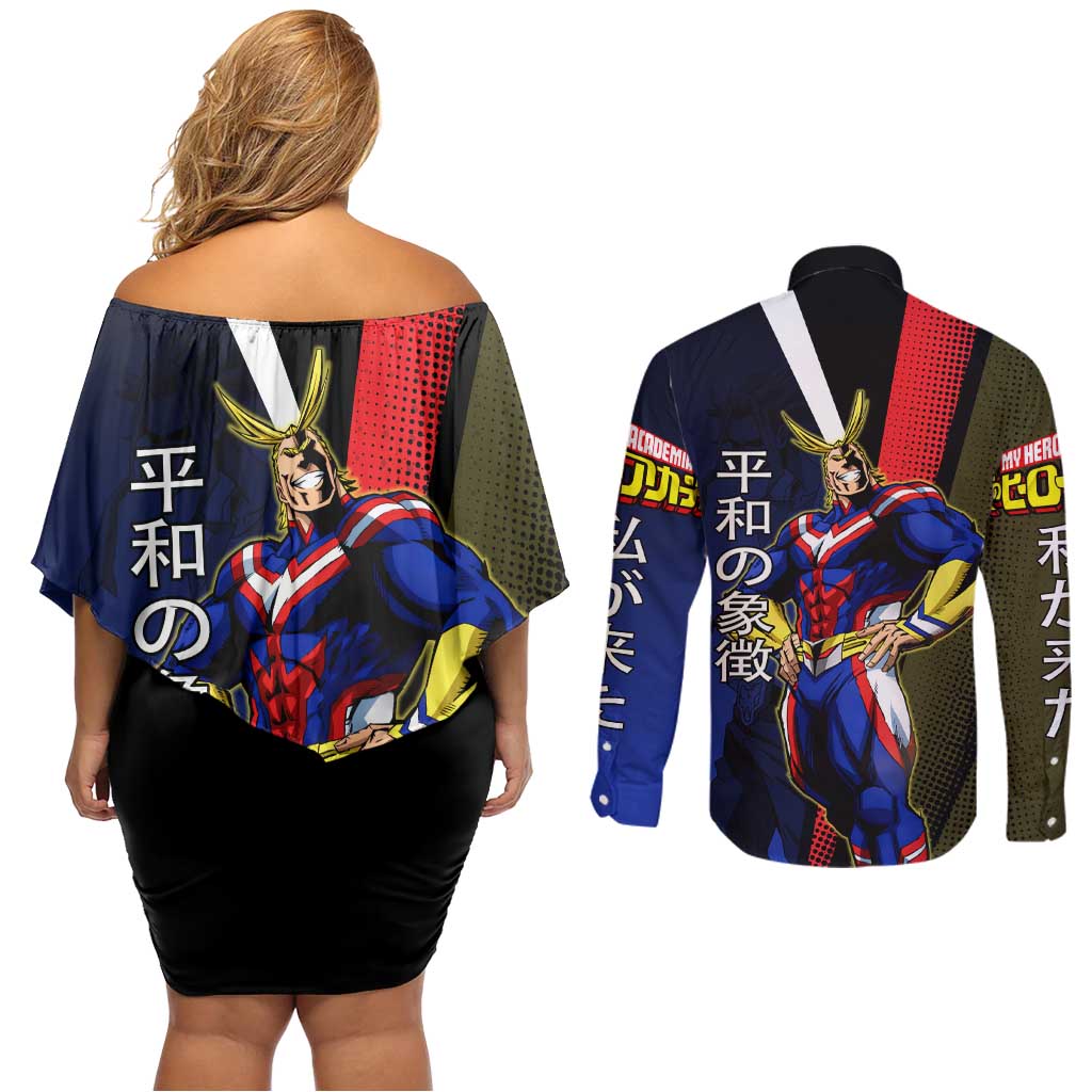 All Might Dual Form Couples Matching Off Shoulder Short Dress and Long Sleeve Button Shirt Japanese Comic Book Style