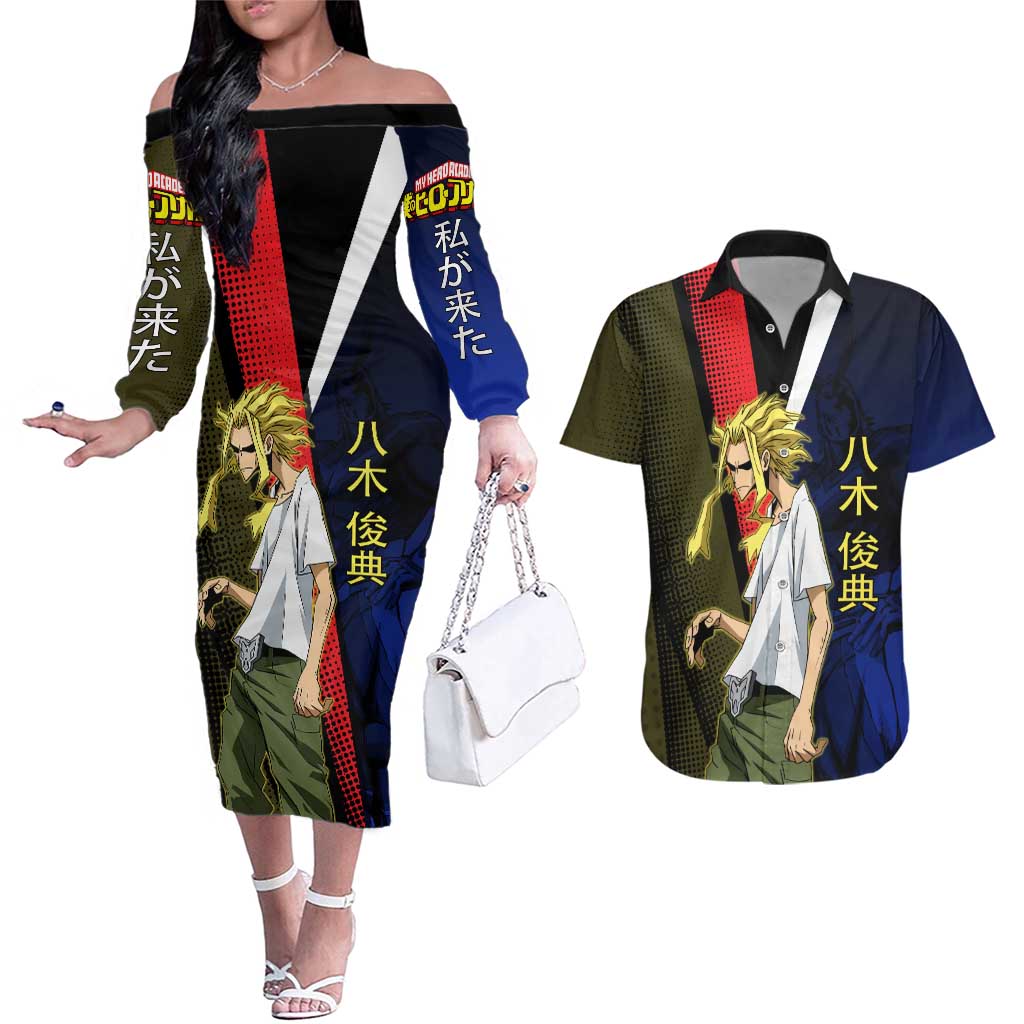 All Might Dual Form Couples Matching Off The Shoulder Long Sleeve Dress and Hawaiian Shirt Japanese Comic Book Style