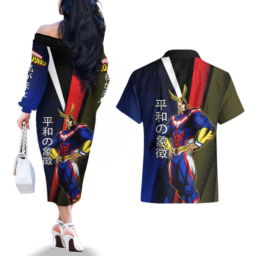 All Might Dual Form Couples Matching Off The Shoulder Long Sleeve Dress and Hawaiian Shirt Japanese Comic Book Style