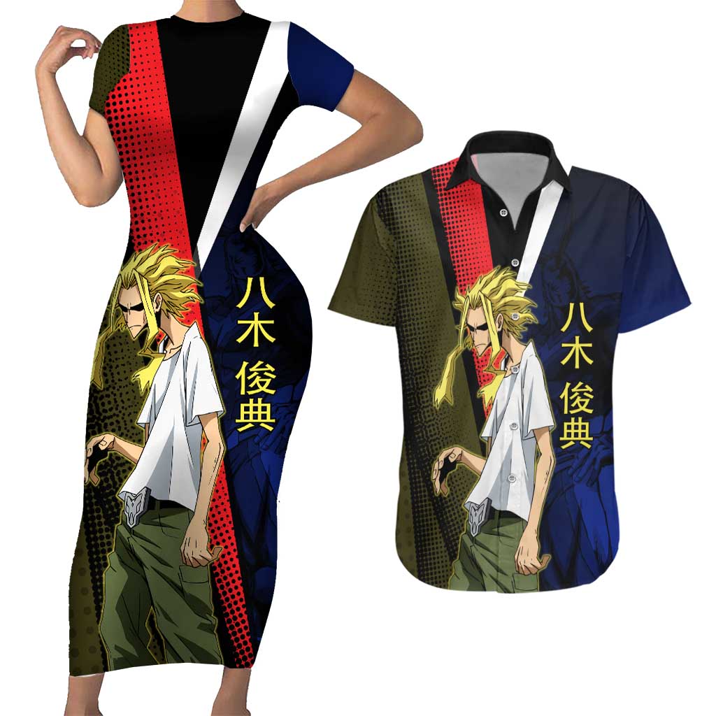 All Might Dual Form Couples Matching Short Sleeve Bodycon Dress and Hawaiian Shirt Japanese Comic Book Style