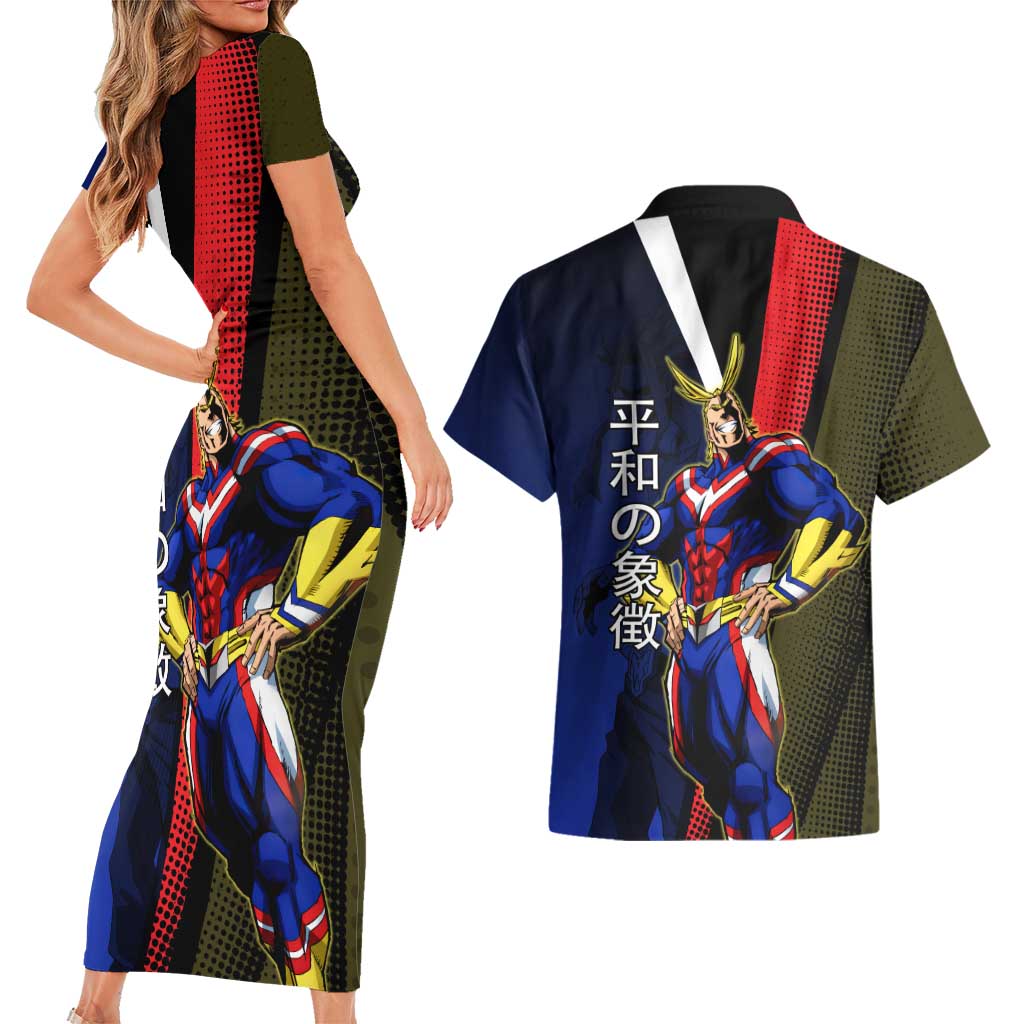 All Might Dual Form Couples Matching Short Sleeve Bodycon Dress and Hawaiian Shirt Japanese Comic Book Style