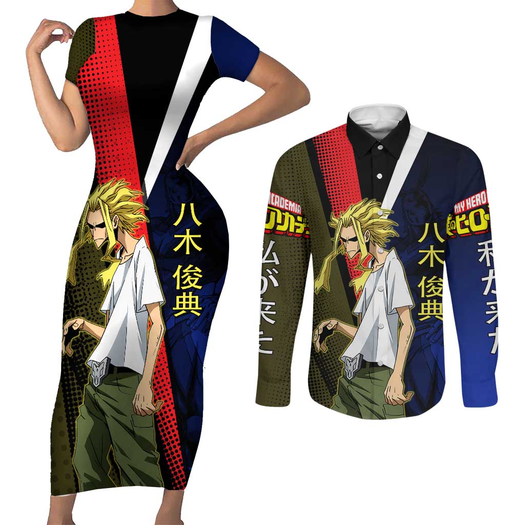 All Might Dual Form Couples Matching Short Sleeve Bodycon Dress and Long Sleeve Button Shirt Japanese Comic Book Style