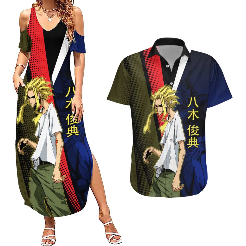 All Might Dual Form Couples Matching Summer Maxi Dress and Hawaiian Shirt Japanese Comic Book Style