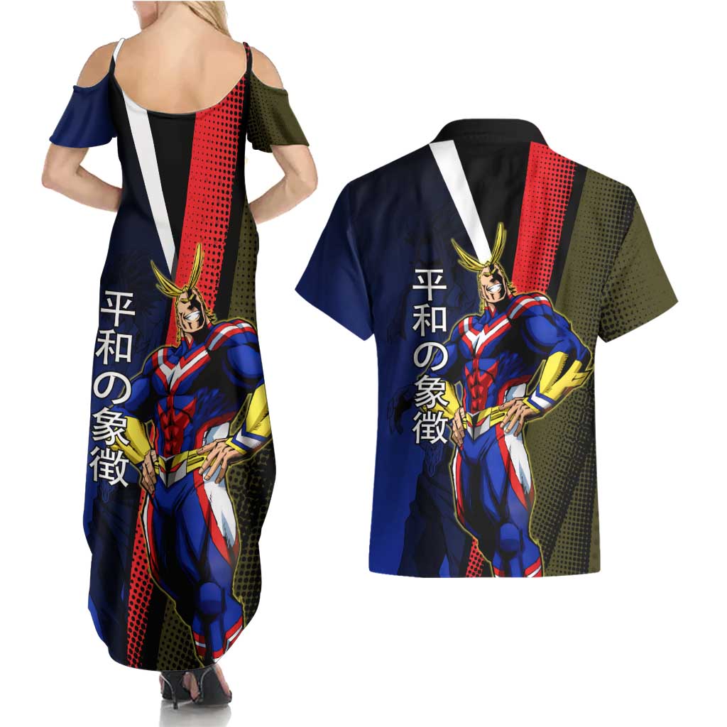 All Might Dual Form Couples Matching Summer Maxi Dress and Hawaiian Shirt Japanese Comic Book Style