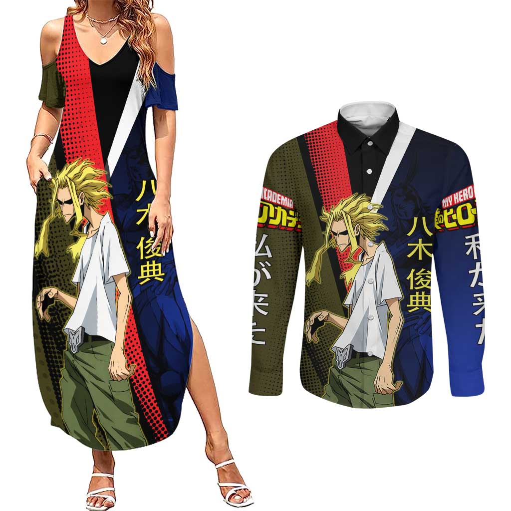 All Might Dual Form Couples Matching Summer Maxi Dress and Long Sleeve Button Shirt Japanese Comic Book Style