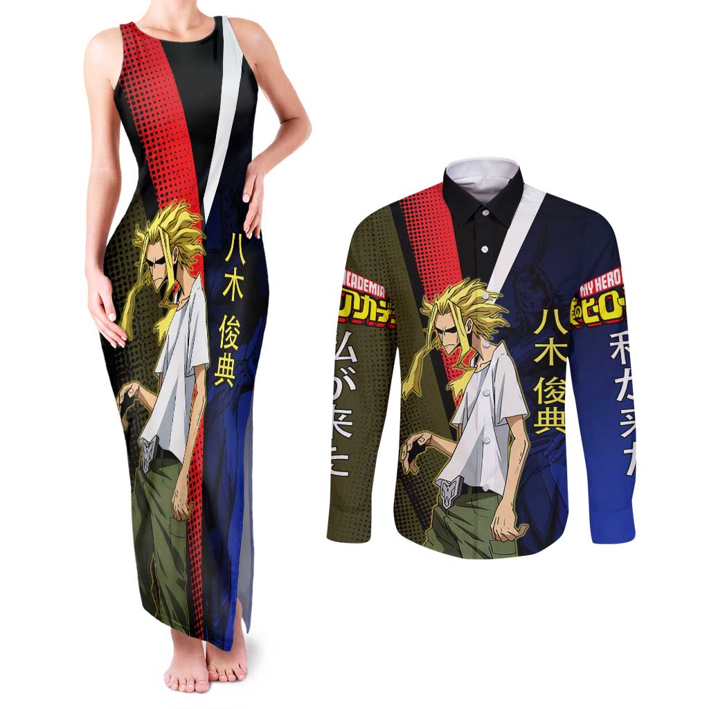 All Might Dual Form Couples Matching Tank Maxi Dress and Long Sleeve Button Shirt Japanese Comic Book Style