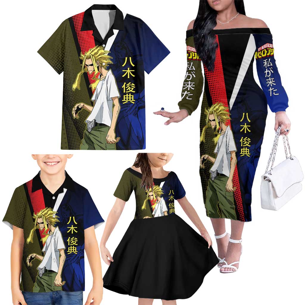 All Might Dual Form Family Matching Off The Shoulder Long Sleeve Dress and Hawaiian Shirt Japanese Comic Book Style