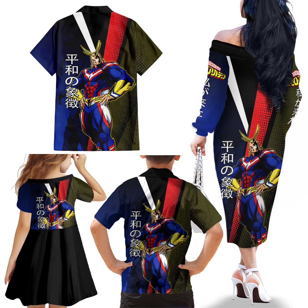 All Might Dual Form Family Matching Off The Shoulder Long Sleeve Dress and Hawaiian Shirt Japanese Comic Book Style