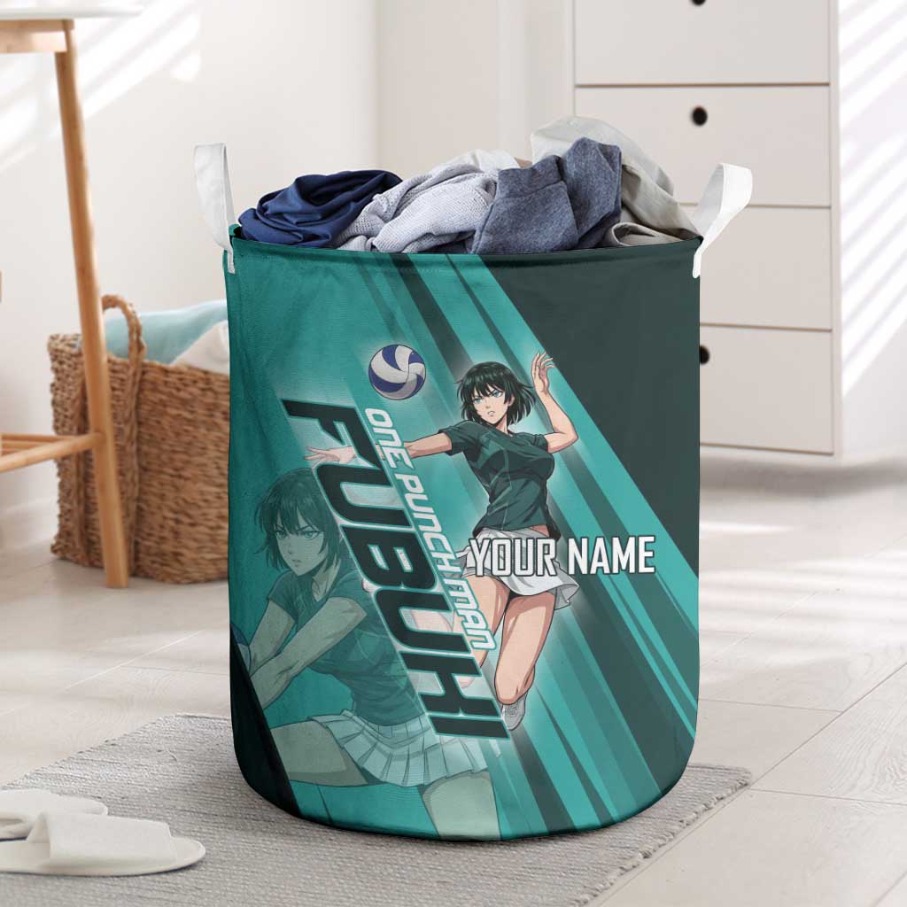 Personalized Fubuki Volleyball Design Laundry Basket with Teal Athletic Theme and Dynamic Action Pose