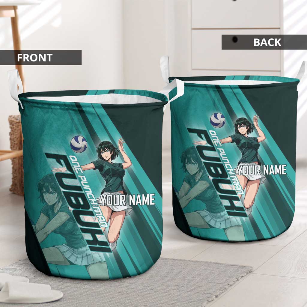 Personalized Fubuki Volleyball Design Laundry Basket with Teal Athletic Theme and Dynamic Action Pose