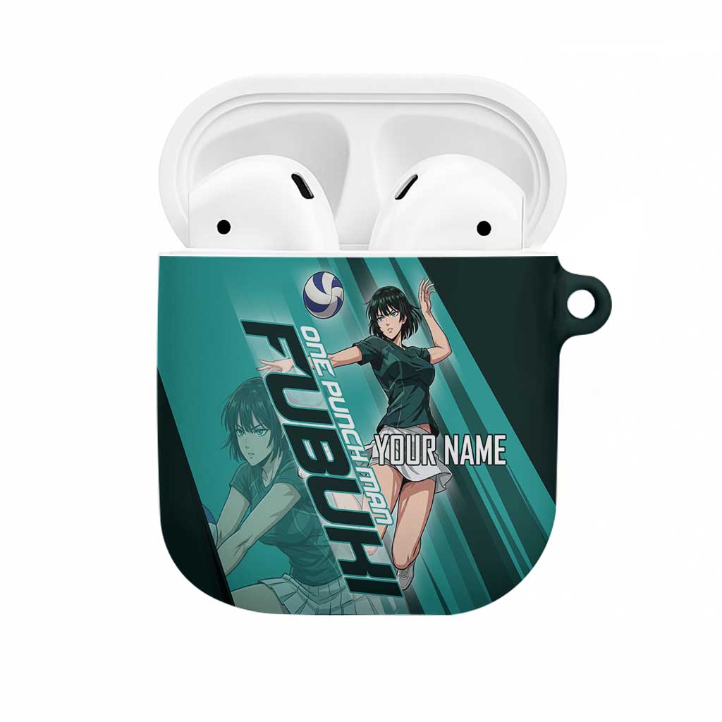 Personalized Fubuki Volleyball Design AirPods Case with Teal Athletic Theme and Dynamic Action Pose