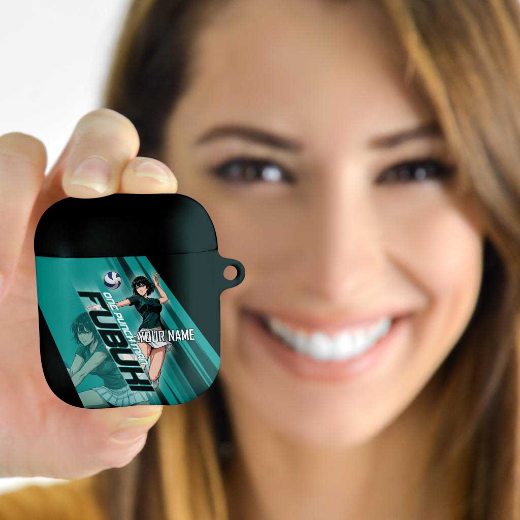 Personalized Fubuki Volleyball Design AirPods Case with Teal Athletic Theme and Dynamic Action Pose