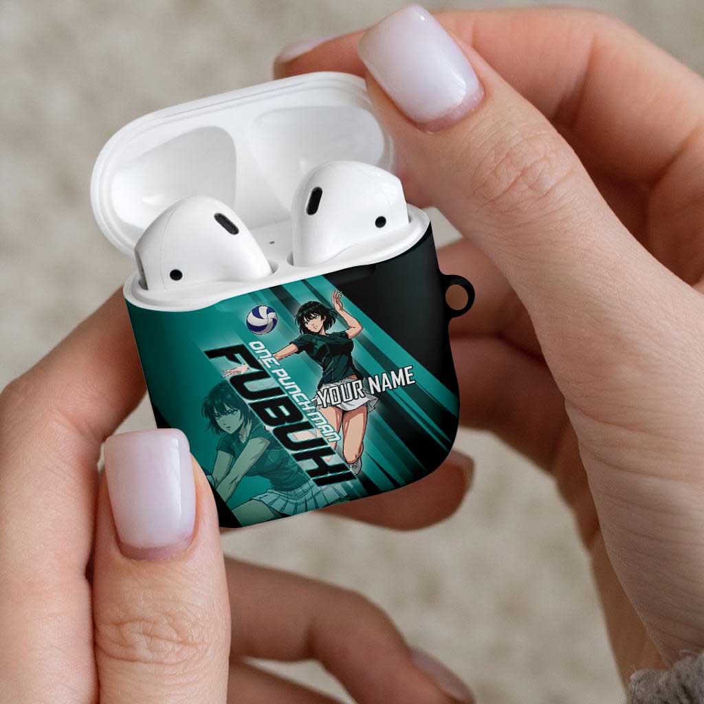 Personalized Fubuki Volleyball Design AirPods Case with Teal Athletic Theme and Dynamic Action Pose