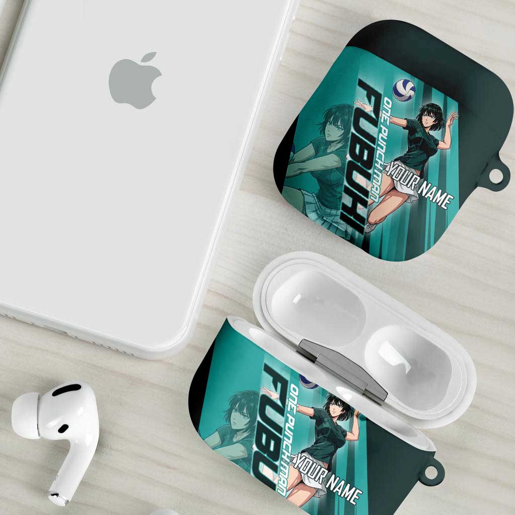 Personalized Fubuki Volleyball Design AirPods Case with Teal Athletic Theme and Dynamic Action Pose