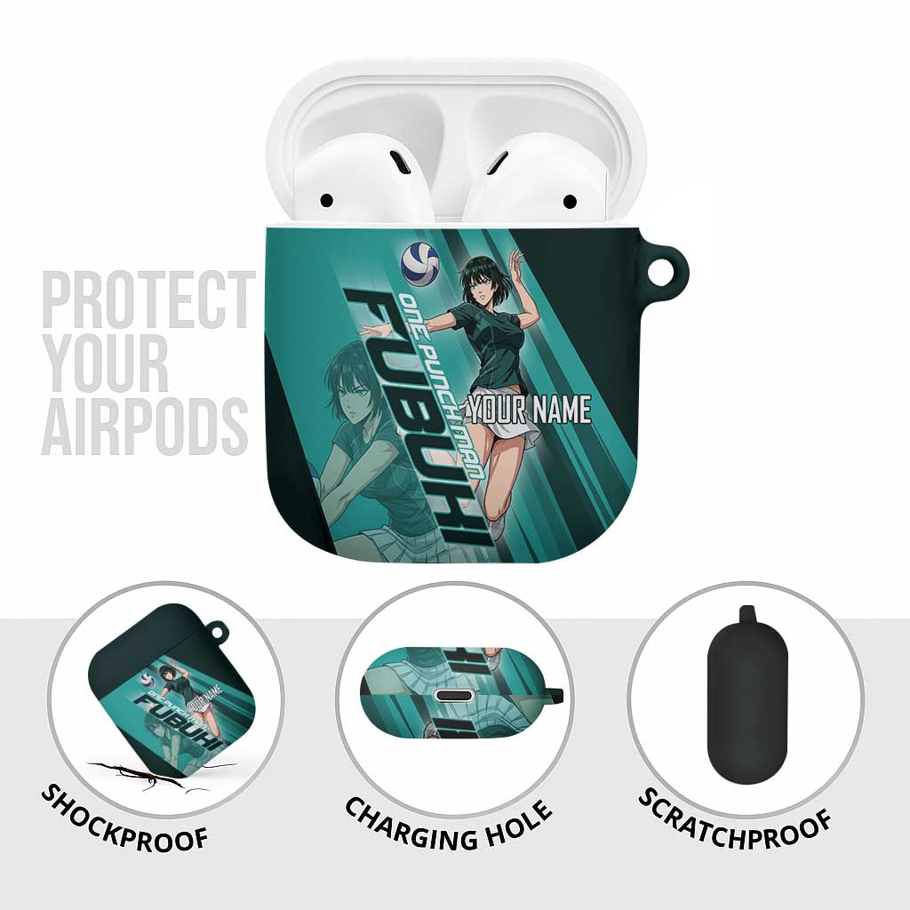 Personalized Fubuki Volleyball Design AirPods Case with Teal Athletic Theme and Dynamic Action Pose