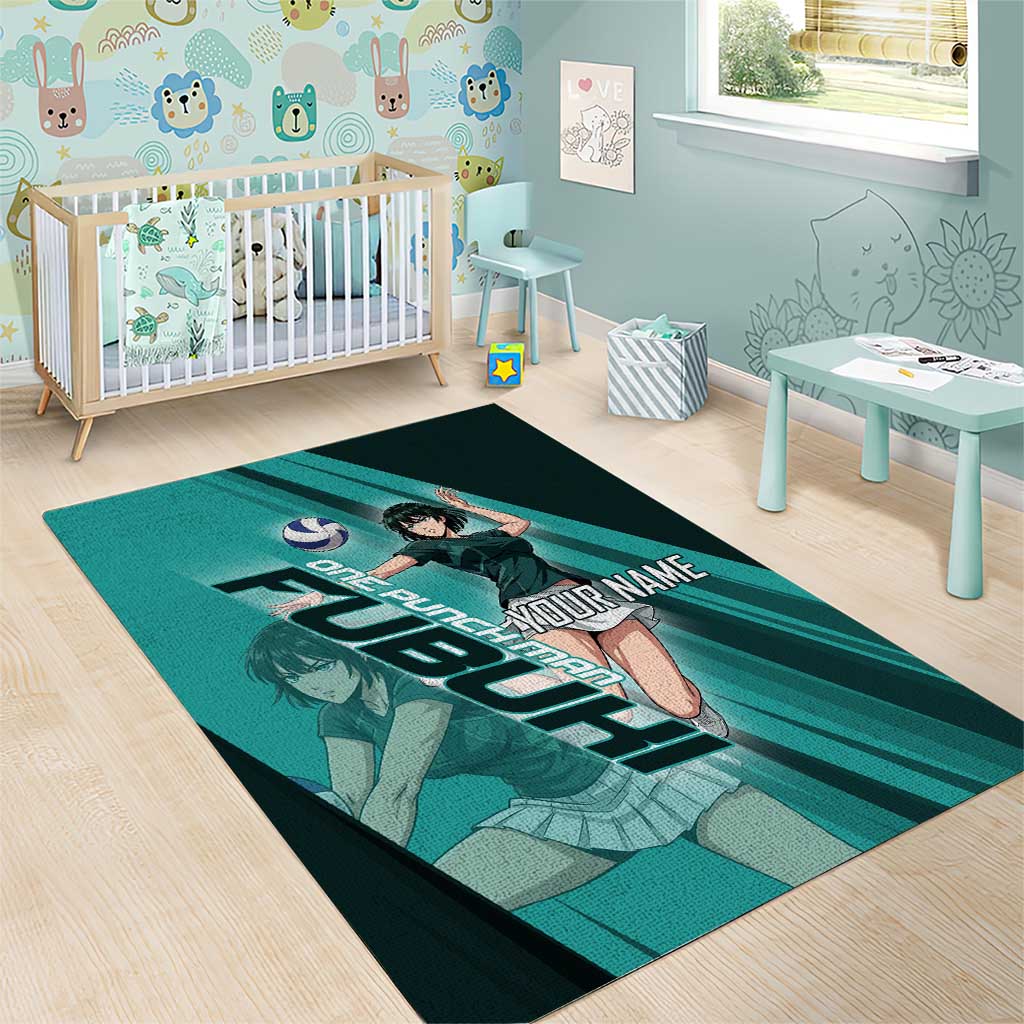 Personalized Fubuki Volleyball Design Area Rug with Teal Athletic Theme and Dynamic Action Pose