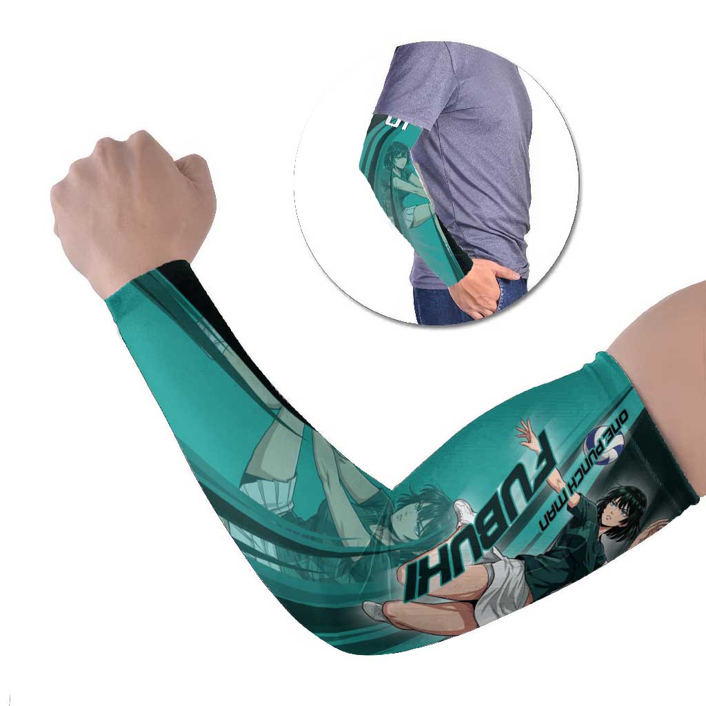 Personalized Fubuki Volleyball Design Arm Sleeves with Teal Athletic Theme and Dynamic Action Pose