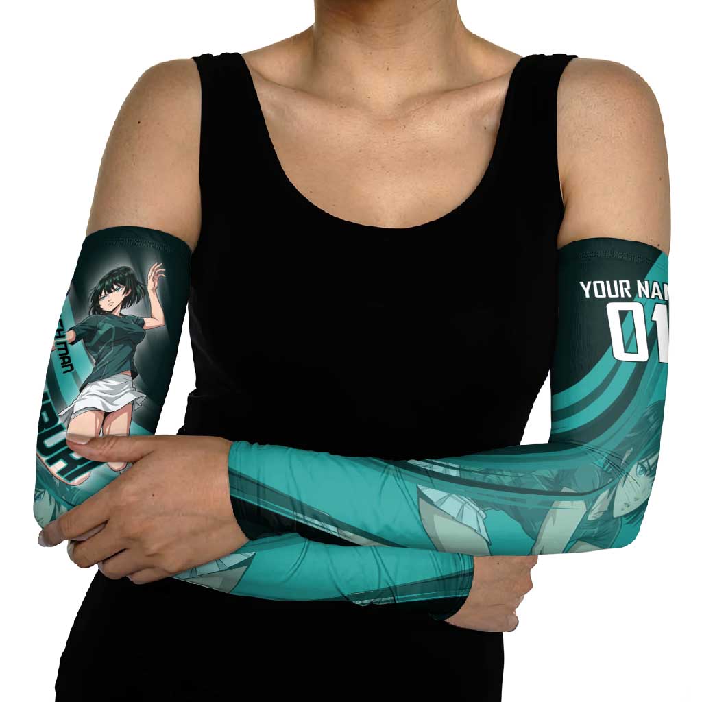 Personalized Fubuki Volleyball Design Arm Sleeves with Teal Athletic Theme and Dynamic Action Pose